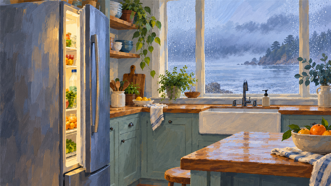 Illustration of a refrigerator in bay fog, not a photo of a listed East Bay shop