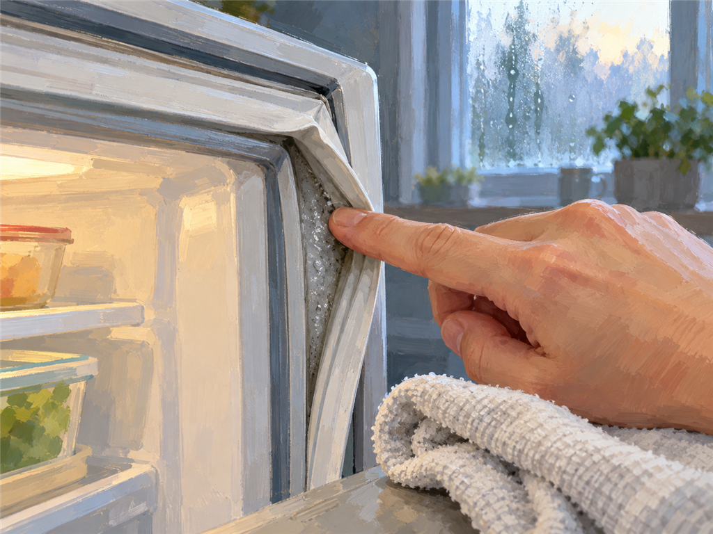Illustration of a fingertip along a refrigerator door seal, not a photo of a listed shop